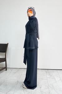 Navy Blue Neckband Long Arm Without Accessories Regular Trousers Suit