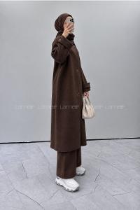 Bitter Brown Neckband Long Arm Stamp Fabric Coat