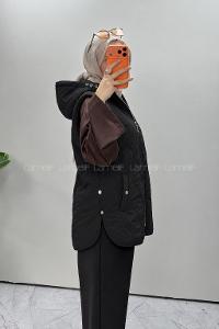 Black Hood Neck Sleeveless Arm With Zipper Unprinted Vest