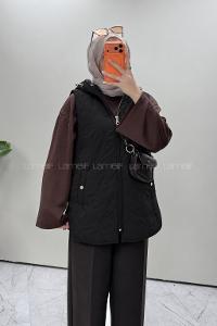 Black Hood Neck Sleeveless Arm With Zipper Unprinted Vest
