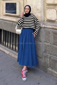 Lamelif Oversize Çizgili Triko Kazak Siyah