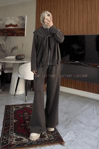 Lamelif Şal Detaylı Örme İkili Takım Acı Kahve