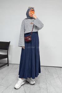 Lamelif Yazı Nakışlı Çizgili Pinterest Sweatshirt Lacivert