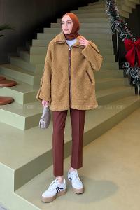 Lamelif Biye Detaylı Tedy Peluş Mont Camel