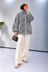Lamelif Dik Yaka Desenli Polar Sweatshirt Füme