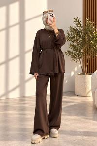 Brown Crew Neck Long Arm Belted Regular Trousers Suit