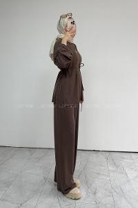 Brown Crew Neck Long Arm Belted Regular Trousers Suit
