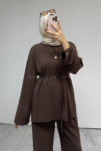 Brown Crew Neck Long Arm Belted Regular Trousers Suit