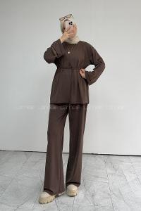 Brown Crew Neck Long Arm Belted Regular Trousers Suit