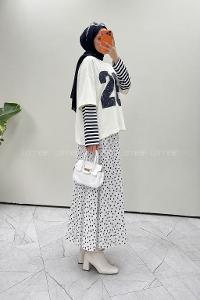 Lamelif Kolları Çizgili Ön Arka Baskı Detaylı Sweatshirt Beyaz