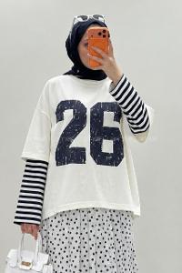 Lamelif Kolları Çizgili Ön Arka Baskı Detaylı Sweatshirt Beyaz