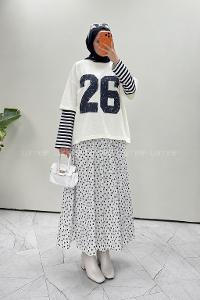 Lamelif Kolları Çizgili Ön Arka Baskı Detaylı Sweatshirt Beyaz