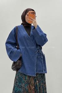 Blue V Neck Long Arm Denim Jacket