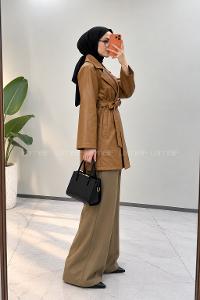 Brown Long Arm Belted Buttoned Skin Trench Coat