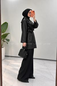 Black Long Arm Belted Buttoned Skin Trench Coat