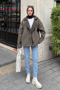 Lamelif Süet Düğmeli Mont Vizon