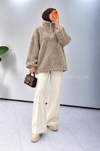 Lamelif Yarım Fermuar Yaka Polar Sweatshirt Bej