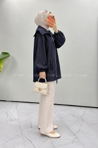 Navy Blue Shirt Collar Long Arm Jacket