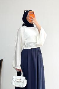 Lamelif Bisiklet Yaka Yarasa Kol Bluz Beyaz