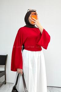 Lamelif Bisiklet Yaka Yarasa Kol Bluz Kırmızı