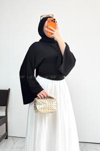 Lamelif Bisiklet Yaka Yarasa Kol Bluz Siyah