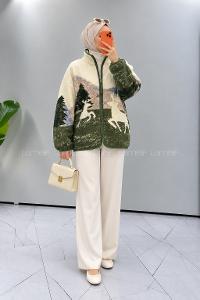Lamelif Desenli Polar Sweatshirt Haki