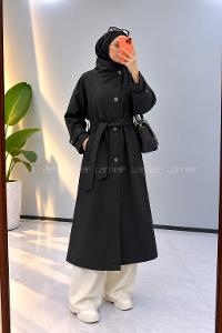 Lamelif Dik Yaka Oversize Trenç Siyah