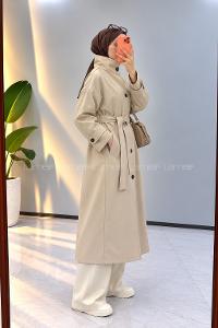 Lamelif Dik Yaka Oversize Trenç Taş
