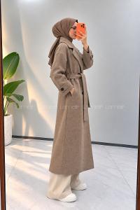 Lamelif Kruvaze Yaka Kemerli Kaban Camel