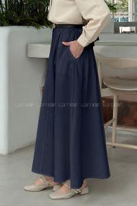 Navy Blue Linen Unprinted Flare Skirt