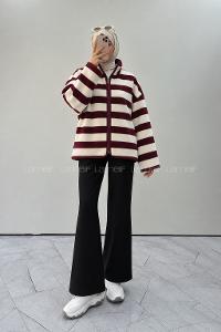 Lamelif Çizgili Polar Sweatshirt Bordo