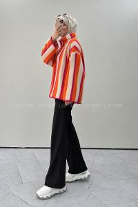 Lamelif Çizgili Polar Sweatshirt Oranj Pembe