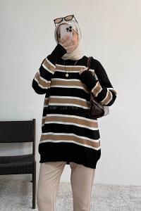 Lamelif Çizgili Triko Kazak Siyah-Camel