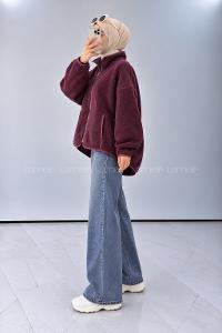 Lamelif Dik Yaka Önü Fermuar Kapamalı Polar Sweatshirt Mürdüm
