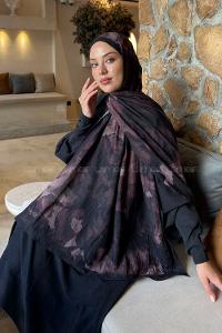 Lamelif Flower Desen Bambu Şal Siyah Badem