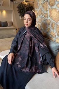 Lamelif Flower Desen Bambu Şal Siyah Badem