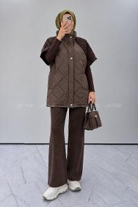Brown Neckband Sleeveless Arm With Zipper Unprinted Vest
