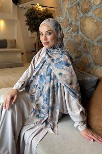 Lamelif Lotus Desen Bambu Şal Bej Mavi