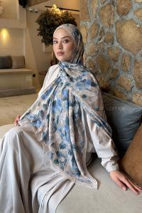 Lamelif Lotus Desen Bambu Şal Bej Mavi
