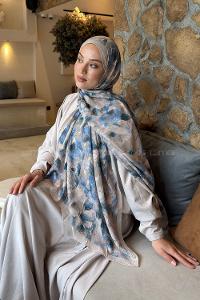 Lamelif Lotus Desen Bambu Şal Bej Mavi