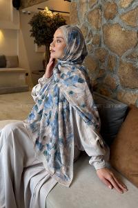 Lamelif Lotus Desen Bambu Şal Bej Mavi
