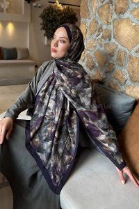 Lamelif Lotus Desen Bambu Şal Yeşil Mürdüm