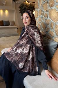 Lamelif Vintage Flower Desen Bambu Şal Siyah Kahverengi