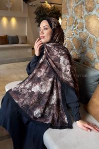 Lamelif Vintage Flower Desen Bambu Şal Siyah Kahverengi