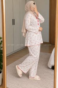 Lamelif Big Size (Büyük Beden) Çiçek Detaylı Pijama Takımı