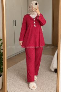 Lamelif Big Size (Büyük Beden) Puantiyeli Fiyonk Detaylı Pijama Takımı