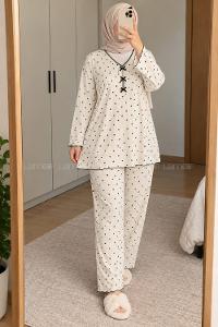 Lamelif Big Size (Büyük Beden) Siyah Kalp Detaylı Pijama Takımı