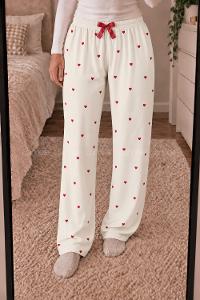 Lamelif Milan Kumaş Kırmızı Kalp Desenli Pijama Altı