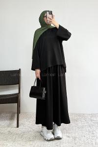 Black Crew Neck Long Arm Without Accessories Regular Trousers Suit