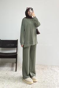Khaki Crew Neck Long Arm Without Accessories Regular Trousers Suit